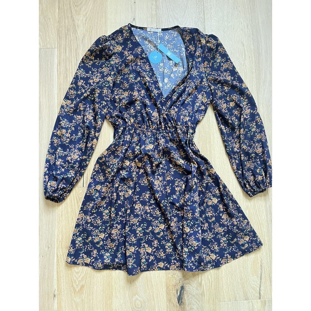 NWT! CUPSHE Womens Long Sleeve Surplice Floral Dress Size Large Navy Blue Beach
